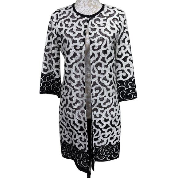 Joseph Ribkoff 3/4 Sleeve Topper Jacket Embroidered Mesh Black White Size 8 - Picture 3 of 7